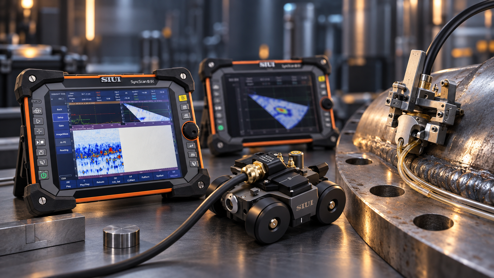 Strumenti Phased Array SyncScan con sonde e crawler per controlli ultrasonori industriali.